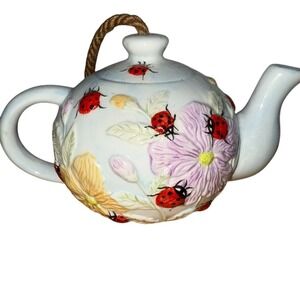 Colorful Hand-Painted Ladybug Teapot Hanging Birdhouse Multicolor whimsical‎